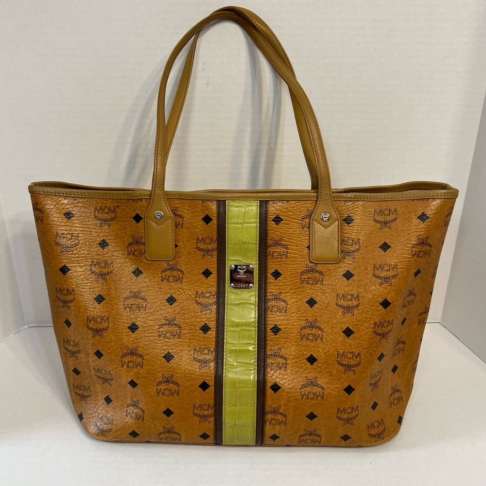 MCM Cognac‎ Visetos Monogram Green Stripe Liz Shopper Tote